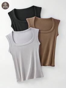 Juego de 3 tops camiseta interior sin mangas de mujer de mezcla de algodón sin costuras, capa base elástica
