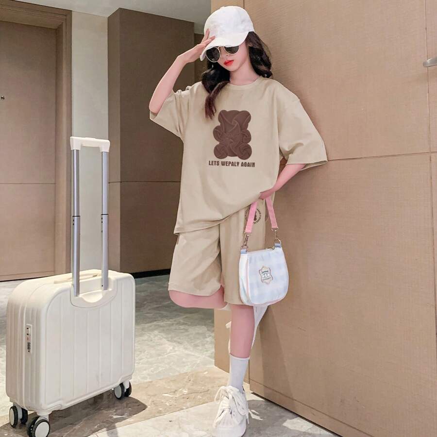 2pcs/Set Tween Girl Girls' Round Neck Short Sleeve T-Shirt And Shorts Set, Casual Sports Outfit