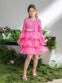 Tween Girls Sequin Trim Layered Hem Cake Party Dress With Long Sleeve - Pink - View 2