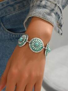 1 peça Pulseira estilo boêmio com design de girassol e flor de abóbora turquesa, pulseira vintage com flor pequena turquesa para mulheres, adequada para uso diário