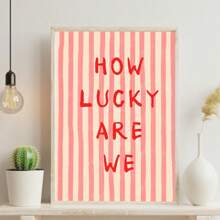 1 Stück gerahmtes dekoratives Leinwandbild, vintage, Wandkunst, Poster, "Wie glücklich sind wir", rosa-rote Streifen, ästhetische Heimdekoration, niedliches positives Zitat Geschenk, Mode, Wohnheimdekor, Mädchenzimmer, Zitate