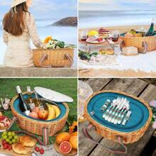 Cesta de picnic para 2 personas con manta - Cesta de picnic de mimbre con mesa | Juego de picnic de mimbre para 2 personas con nevera térmica grande | Cesta de mimbre con juego de cubertería | Cesta de regalo para Navidad