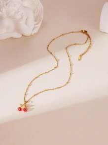 1pc 18K Stainless Steel Oil-Drop Strawberry & Cherry Zirconia Necklace, Elegant Jewelry Accessory For Women, Suitable For Daily Wear And Gatherings