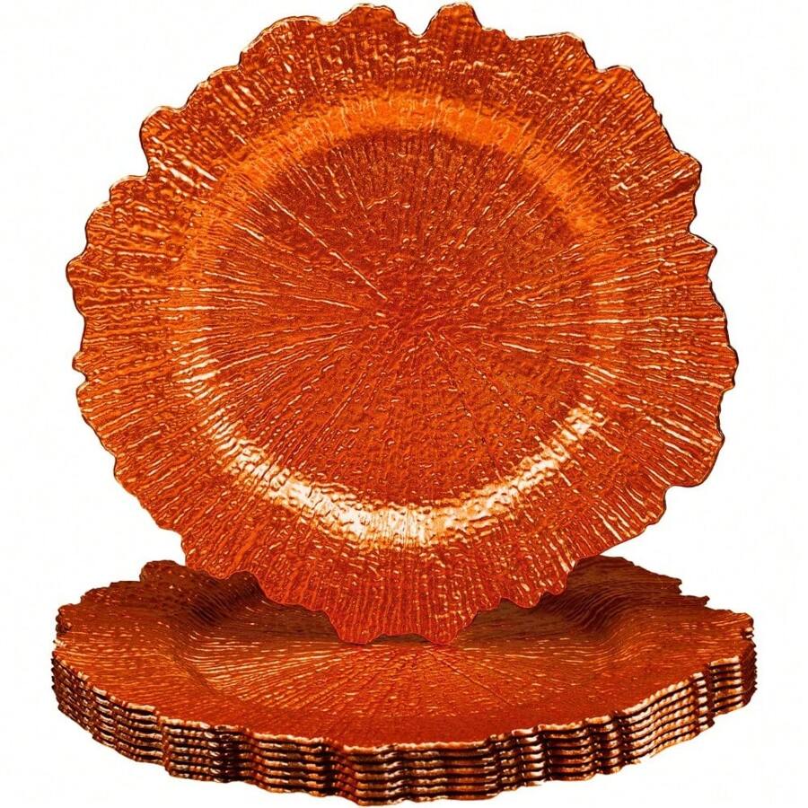 Platos de carga naranja de 13 pulgadas, cargadores redondos de arrecife para platos de cena, cargadores de platos de plástico para mesa y decoración de boda, juego de 8 - Naranja - Ver 1
