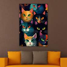 1 Piece Home Wall Decor Framed Canvas Cute Cat Animals Pattern Canvas Wall Art Paintings For Living Room - Canvas Framed Print Wall Artworks Bedroom Decoration Office Wall Decor