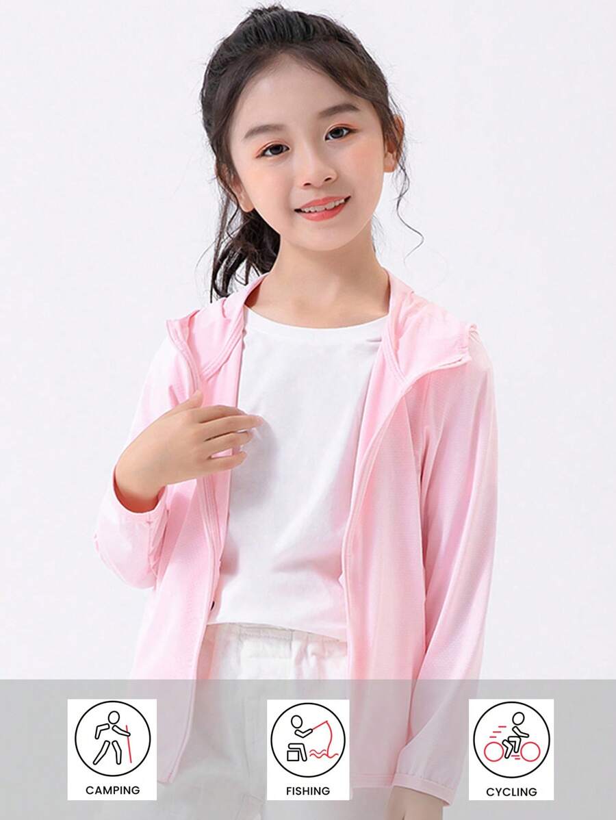 女童夏季轻便防紫外线长袖连帽夹克，透气婴儿亲肤薄外套 - 粉色 - 查看 1