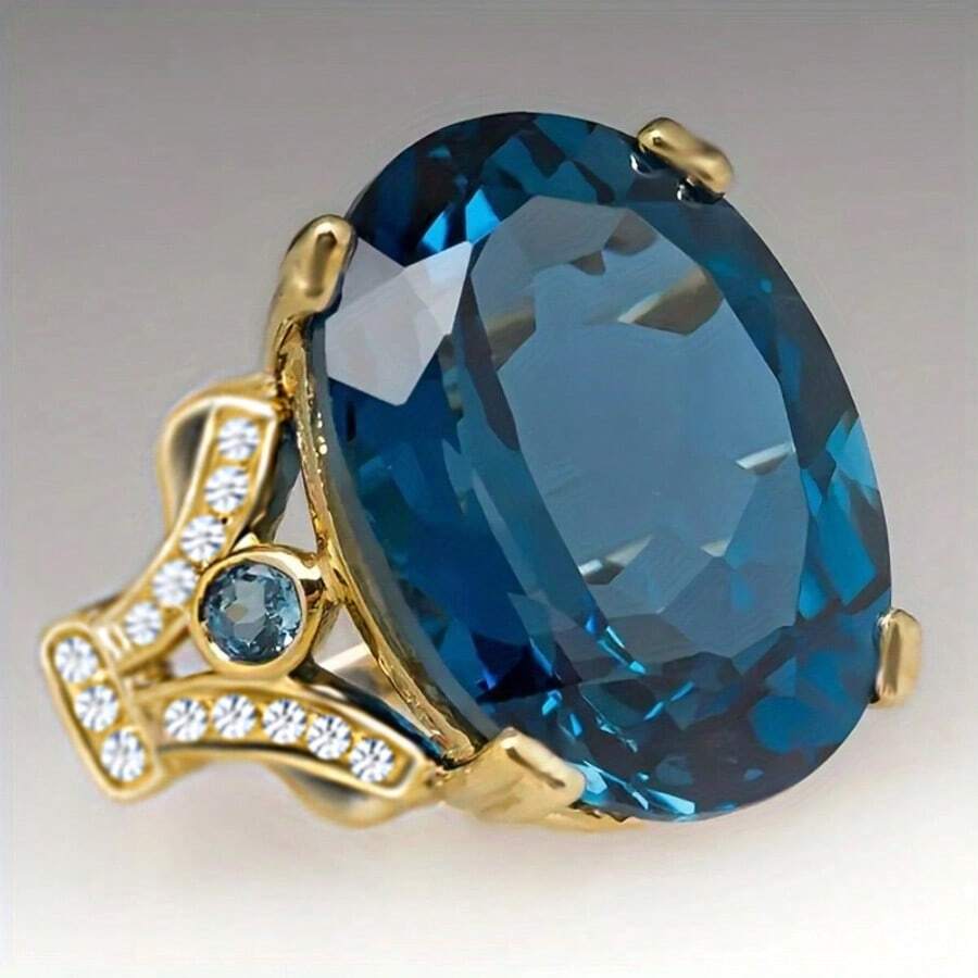 Nhẫn phong cách Boho với họa tiết hình quả trứng Cubic Zirconia màu đỏ, tượng trưng cho sự thanh lịch và vẻ đẹp, phù hợp với trang phục hàng ngày và phụ kiện dự tiệc, món quà hoàn hảo cho phụ nữ, trang sức xa xỉ - Màu xanh lam - Xem 1