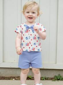 Toddler Baby Boy 4th Of July Outfit American Flag Print Button Down Turn Down Collar Short Sleeve Shirt And Shorts 2 Pcs Set - White - View 5