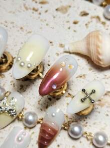 10 Pcs In 1 Pack Girly Marine Press On Nails - Shell Bow Pearl Almond Medium Red Brown White Nail Set - Multicolor - View 7