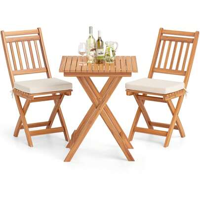 3-Piece Folding Bistro Set W/ Removable Seat Cushions Outdoor Table & Chairs