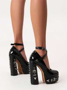Fashionable Rivet Decor Waterproof Platform High Heels - Black - View 5