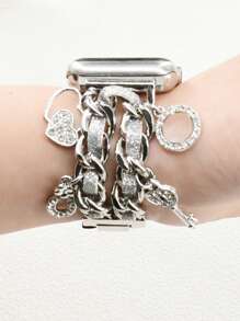 1PC Silver Sparkling Leather Chain Watch Bands With Love Pendant Zinc Alloy Straps 38/40/41/42mm 42/44/45/46/49mm Compatible With Apple Watch Ultra 2/SE/10/9/8/7/6/5/4/3/2/1
