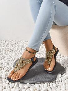 Latest Boho Style Roman Flat Sandals, Ladies' Brown Flat Toe Post Sandals - Black - View 2