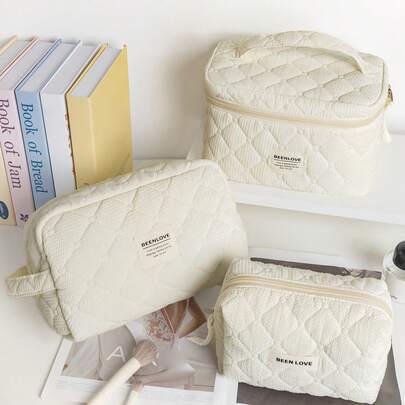 1件/套 米色绗缝化妆包，质地柔软，复古大容量化妆包及旅行收纳包，简约舒适泡沫洗漱包套装，轻盈蓬松化妆袋，精致礼物，适合新学期、春/初夏、周年纪念、度假、旅行、返校等场合，2025年新款。化妆包，化妆包，收纳包