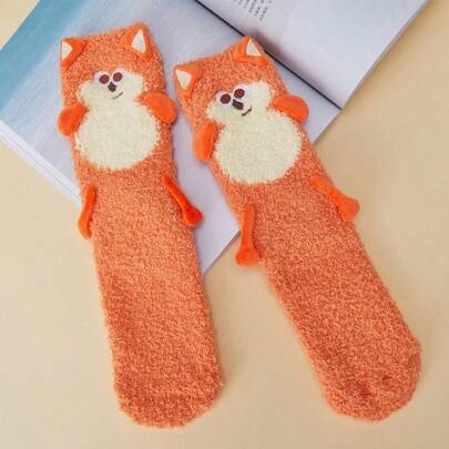 Miniso DunDun Chicken Series Fox Home Socks, Fun Fox Design, Warm Coral Fleece, Comfortable Fit, Ideal For Home Leisure Time, Perfect As A Gift Or Personal Use (1 PC)