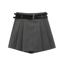 Jupe Mini Mignonne à Double Taille avec Bloc de Couleur Gris Taille Basse pour Femmes Retournant à l'École en Automne