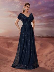 YISIKADO 女士闪亮优雅双V领褶饰正式晚礼服、派对礼服、长袍、婚礼宾客礼服 - 藏蓝色 - 查看 3