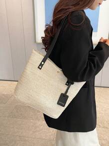 Women Simple Woven Patchwork Color Block Shoulder Tote Bag, Resort Element Beach Bucket Bag - Black - View 2