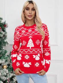 Ugly Christmas Sweater For Women Crew Neck Knitted Pullover Reindeer Snowflakes Sweaters For Xmas Holiday