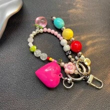 多巴胺 - 注入彩色串珠包饰心形钥匙扣夏季包包吊坠手链花朵花卉伴娘礼物 - 彩色 - 查看 3