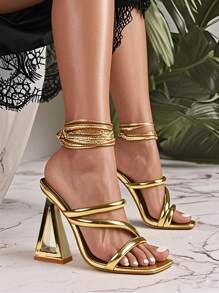 Women's High Heels Square Toe Chunky Mules Sandals Multi-Colored Pyramid Heels With Golden Decorations Glamorous Party High Heels - 金色 - 查看 7