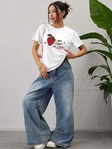 Women's Pattern Positive Shoulder Short Sleeve T-Shirt Strawberry Printed Summer Basic Versatile Section Music Festival - White - View 8