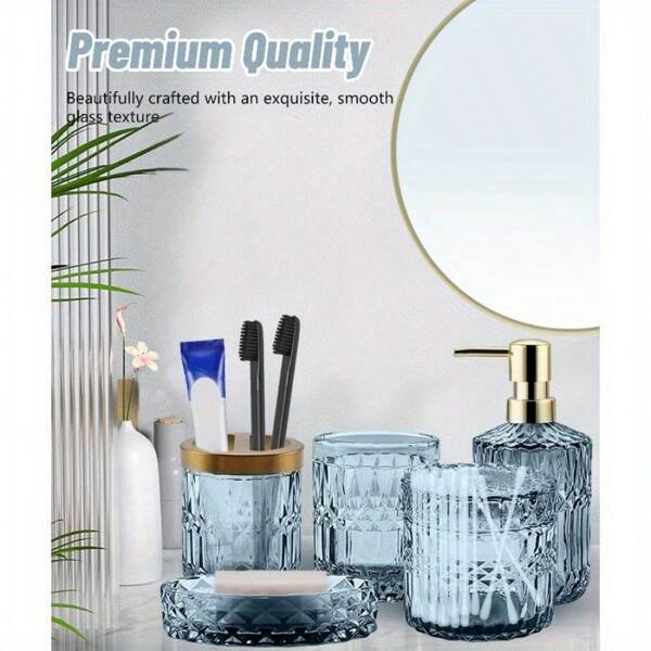 5 Pieces Glass Bathroom Accessories, Lotion Dispenser, Soap Box, Toothbrush Holder, Glass, Cotton Swab Jar (Navy Blue) Home Bathroom Decor Summer Back To School