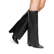 Women's Knee-High Boots, Comfortable Chunky Block Heel Pointed Toe Pull On Side Zipper Suede Slouch Riding Boots - Black - View 2