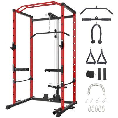 Broadfashion Power Cage,1600lbs Multi-Function Power Rack With Adjustable Cable Crossover System And More Training Attachment, Weight Cage For Home Gym, Black Red