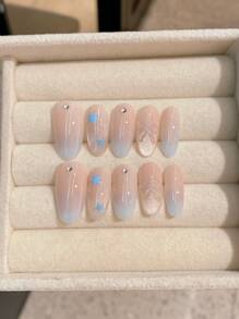 10 件/套手工指甲贴，杏仁形，灰蓝粉色渐变猫眼闪粉，3D 星星和蝴蝶结，优雅外观，适合日常和派对佩戴，适合学生、孕妇，包括凝胶抛光剂