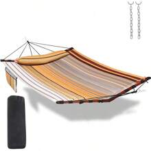 12FT 2 Person Hammock Large Hammock 450LB Capacity With V Shaped Hardwood Spreader Bar & Nylon Rope For Outside, Patio, Garden, Backyard, Beach, Poolside Beige-1118 - Yellow - View 1