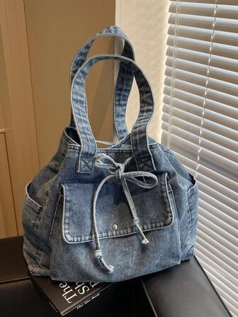 New Fashion Casual Solid Color Washed Canvas Drawstring Tote Bag, Multi-Pocket Commuting Shopping Shoulder Bag For Women