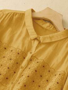 Women's Loose Fit Embroidered Semi-Sheer Short Sleeve Blouse, Spring/Summer - Yellow - View 4