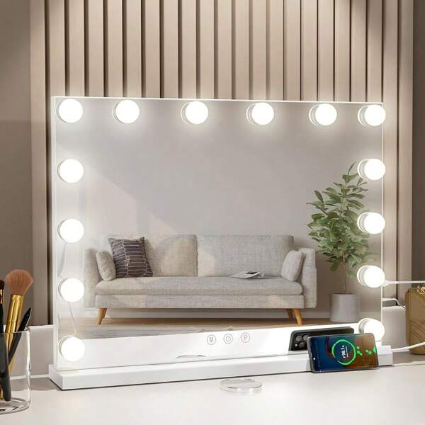 Nuovo specchio per il trucco Aovquof  con illuminazione, 80 * 55 cm, grande specchio illuminato a LED, 3 modalità di illuminazione, USB e specchi Le Koetik rimovibili 10x, specchio da parete, specchio da tavolo - Nero