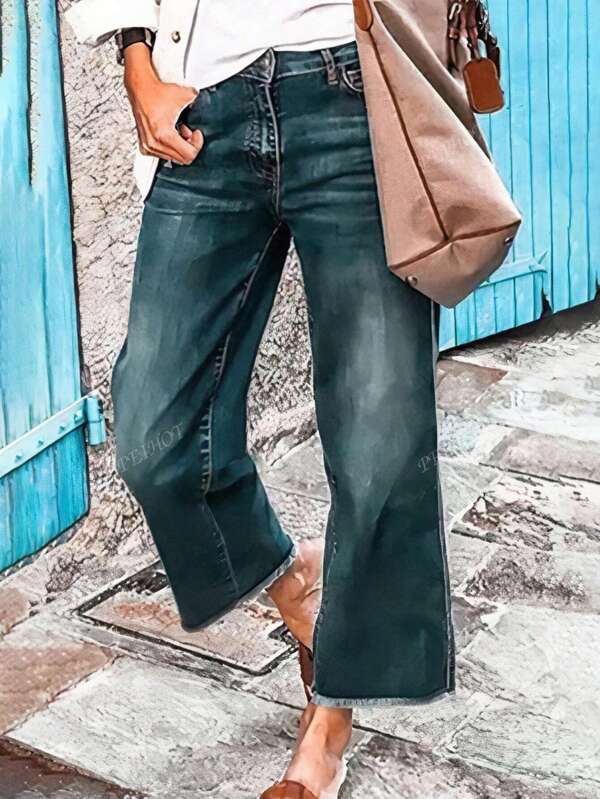 Casual Straight Leg Washed Denim Jeans For Women, Mid-Waist, Stretchy Jean Fabric, With Slant Pockets, Loose & Versatile, Comfortable Cotton Blend Fabric For Spring & Summer
