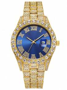 嘻哈人造锆石带日历男士石英手表和手链项链，吊坠运动项链和空心戒指套装，适合送礼、父亲节礼物、日常搭配（5 件套）