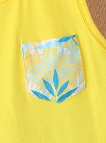 2pcs/Set Young Boy Casual Leaf Print Round Neck Top And Shorts Set - Yellow - View 3