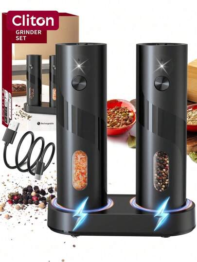 CLITON Juego de molinillos de sal y pimienta eléctricos - Juego de molinillos de sal y pimienta automáticos recargables - Saleros y pimenteros electrónicos con luz LED, molinillo de pimienta eléctrico y molinillo de sal, operación con una sola mano, molinillos automáticos con base de carga y luz LED, Juego de 2