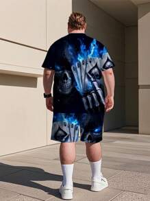 1 Set Plus Size Men's Fashion Printed Short Sleeve T-Shirt And Shorts Set, Casual Sporty Round Neck With Slight Stretch And All-Over Print
