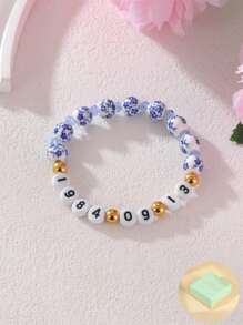 1 pièce Bracelet à cordon élastique en acier inoxydable 18K avec nom personnalisé et date de naissance, imitation porcelaine bleue et blanche. Convient comme cadeau de tous les jours/fête pour femmes. - Multicolore - Voir 6