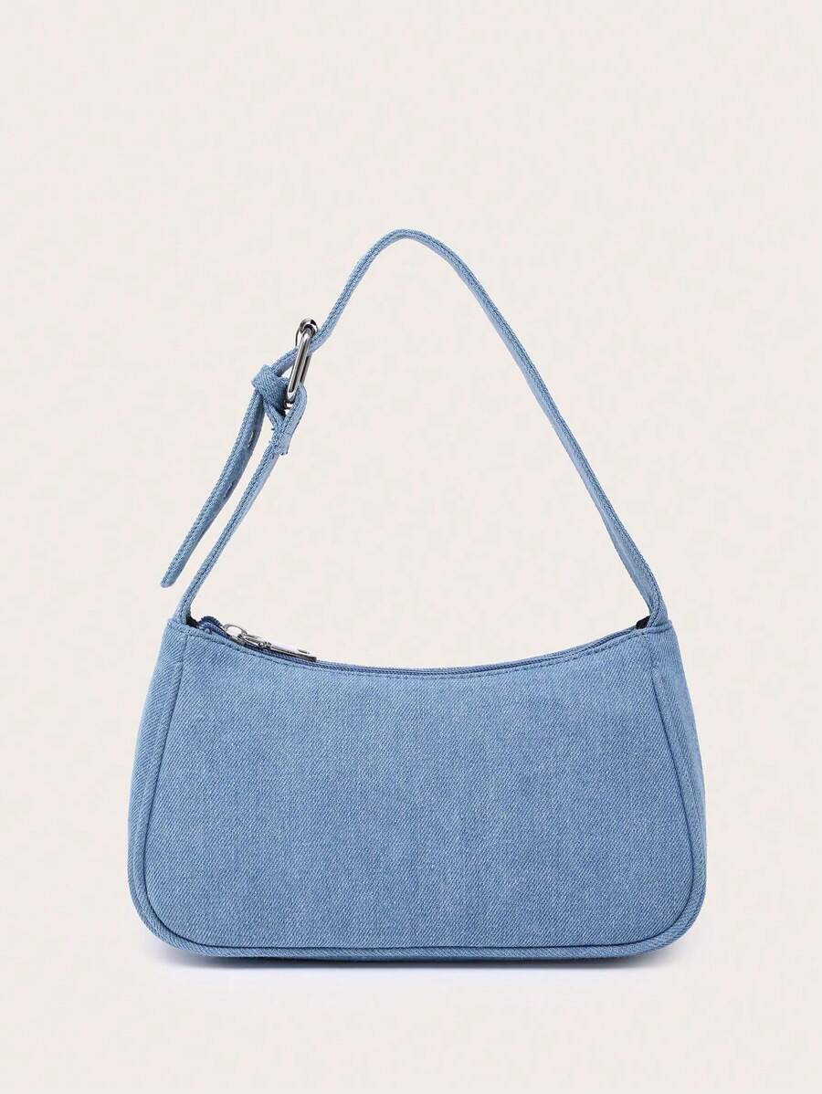 Minimalist Buckle Adjustable Shoulder Baguette Bag - Blue - View 1