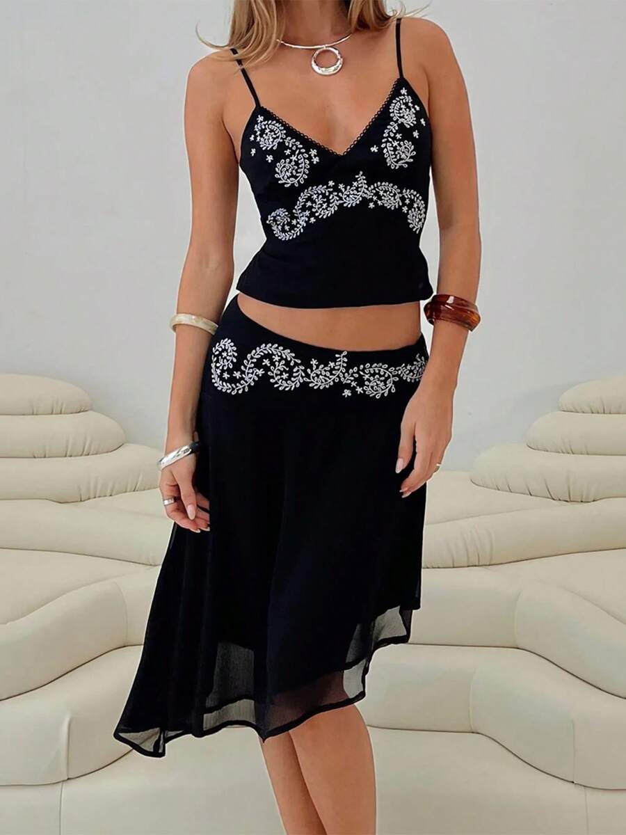 Women's 2 Piece Skirts Outfits Floral Print Spaghetti Strap V-Neck Cami Tops Asymmetrical Midi Skirts Clothes Set - 黑色 - 查看 1