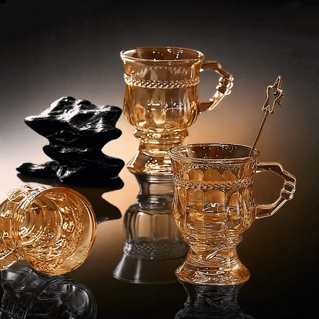 1pc European Style High Stem Glass Cup, 150ml Household Restaurant Glassware, Elegant Handle Wine Glass, Premium Tea Cup, Leisure Milk Tea Cup, High-End Retro Embossed Glass Cup Gift