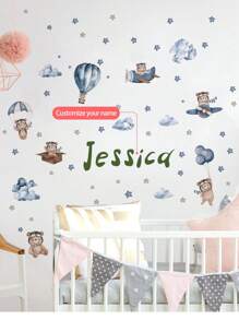 1pc Cartoon Bear Hot Air Balloon Airplane Cloud Star Peel And Stick Wall Decal, Customizable Text Wall Decor, Decorate Your Home Space In Bedroom, Living Room, Study, Self-Adhesive, PVC Removable Gifts Birthday Graduation - Blue - View 5