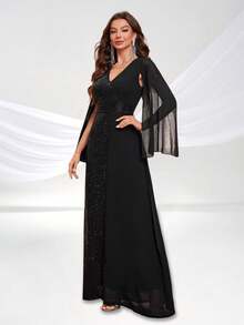 YISIKADO Elegant Sequin Contrast Chiffon Dress Evening Party Wedding Guest Bridesmaid Banquet Graduation Women Gown Formal Dress - Black - View 6