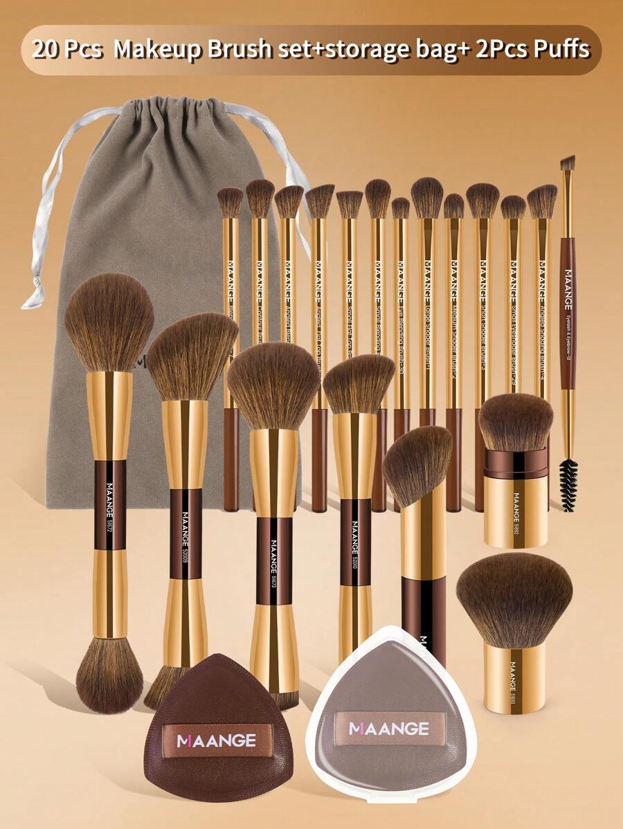 MAANGE 23 Pieces Makeup Tools Including 20 Pieces Professional Aluminum Tube Makeup Brush Set + 1 Storage Bag + 2 Pieces Air Cushion Puffs For Daily Use And Travel,Makeup Accessories Gifts For Friends - 彩色 - 查看 1