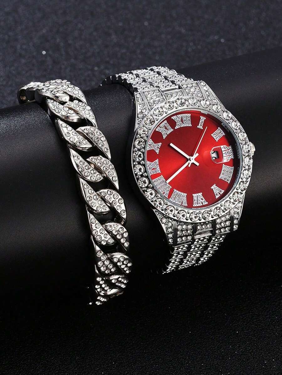 1pc Fashion Kids Watch + 1pc Hip Hop Style Rhinestoned Bracelet - Silver - View 1