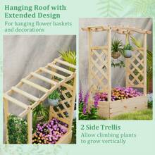Wooden Raised Garden Bed W/ Trellis & Hanging Roof Planter Box Drainage System - Natural - View 7