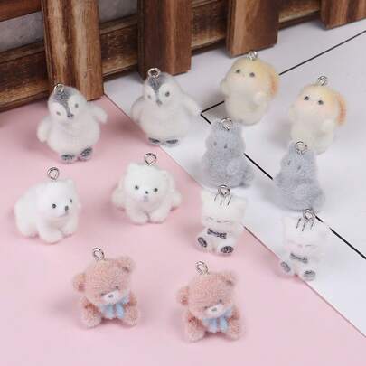 2pcs Resin Flocked Cute Bear Penguin Rabbit Cat Pendant DIY Jewelry Accessories
