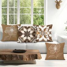 4pcs Brown Line Floral Print Set - Single-Sided Printed Throw Pillow Cover 45*45cm, Peach Velvet